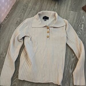 Uniqlo Cream Ribbed V-Neck Polo Sweater with Gold Buttons